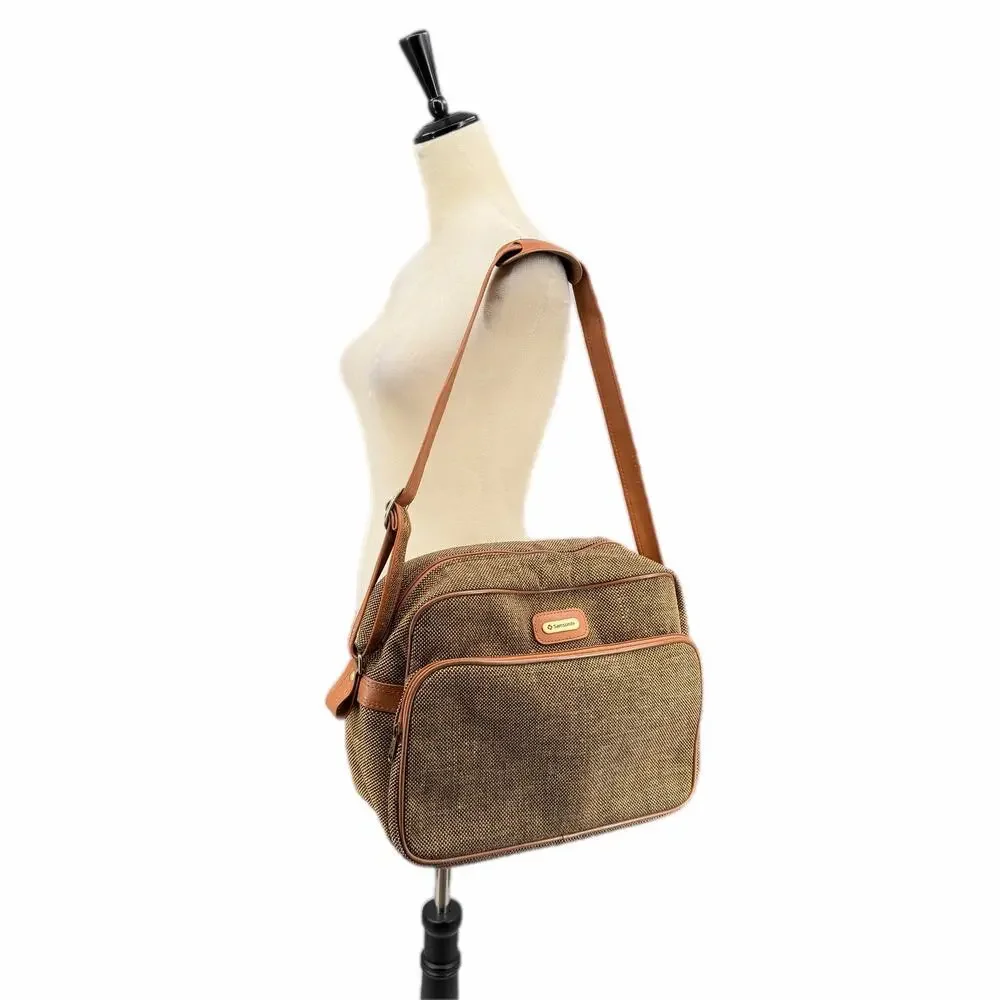 Vtg 70s Samsonite Tweed Woven Brown Carry On Travel Luggage Shoulder Strap Bag